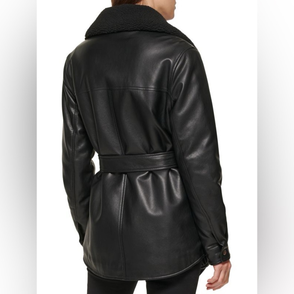 Kennth Cole Faux Leather & Faux Shearling Belted Shirt Jacket (Black) - Picture 2 of 5